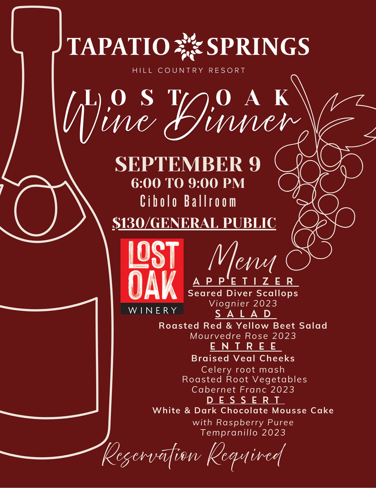 Lost Oak Wine Dinner at Tapatio Springs Hill Country Resort