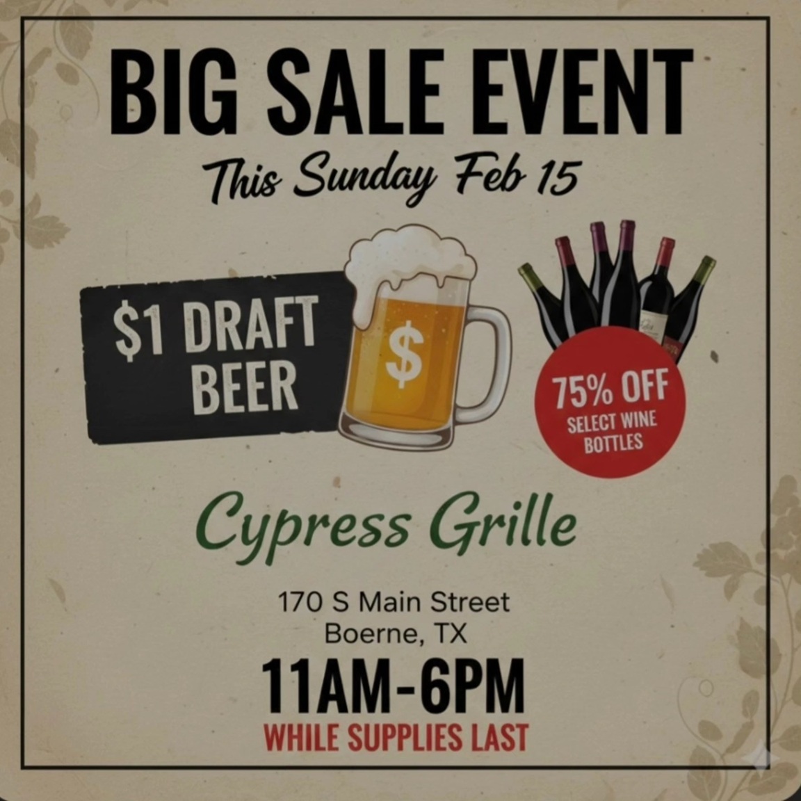 Sunday Sale Event at Cypress Grille