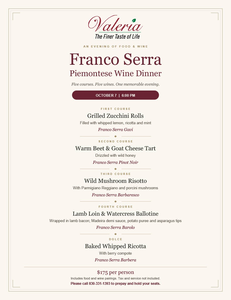 Franco Serra Piemontese Wine Dinner at Valeria Restaurant